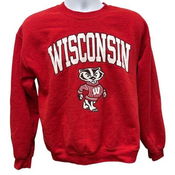 90s VTG UNIVERSITY OF WISCONSIN BADGERS RED ATHLETICS M Crew Neck NCAA - Picture 1 of 4